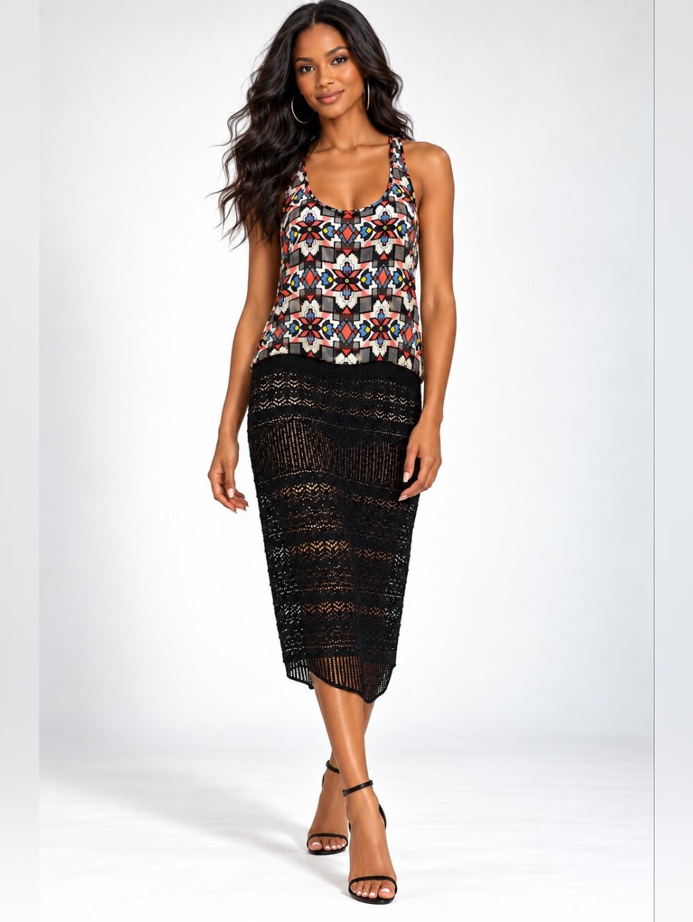 Black Crochet Midi Dress with Multicolor Printed Bodice